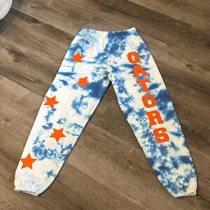 University of Florida gators, blue and white tie-dye sweatpants
